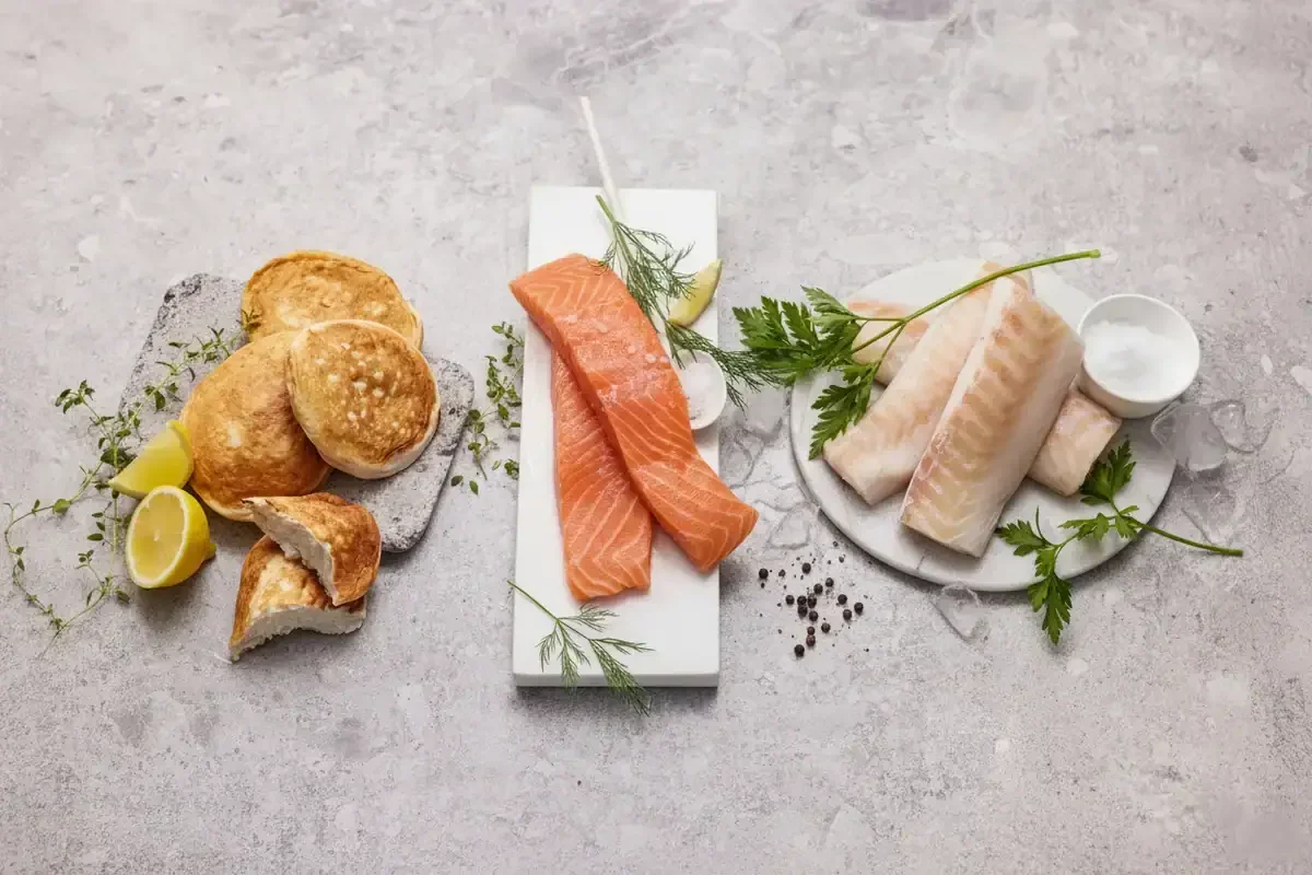 Premium sjømat fra Fiskeruta med laksefilet, torskeloin og fiskekaker