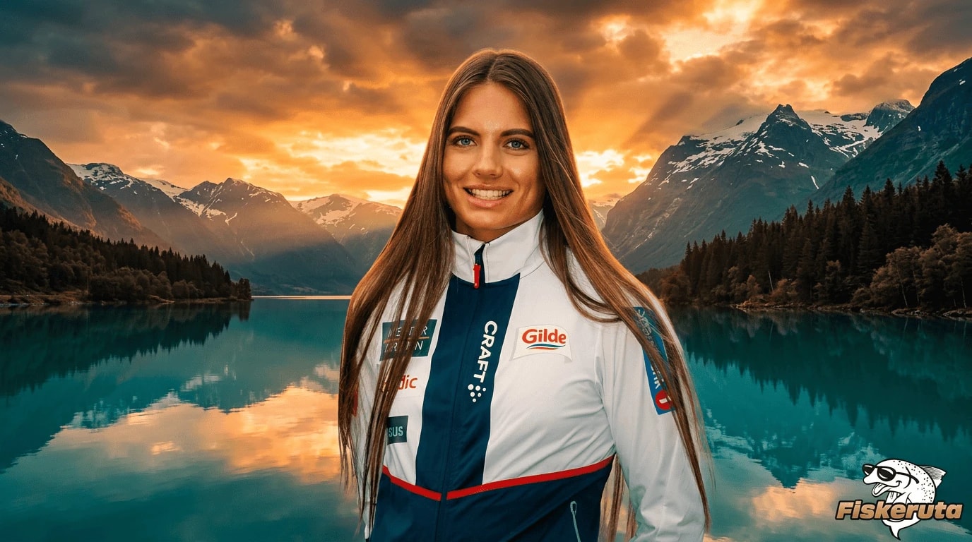 Kristine Stavås Skistad i landslagsdrakt ved norsk fjord, ambassadør for Fiskerutas premium sjømat